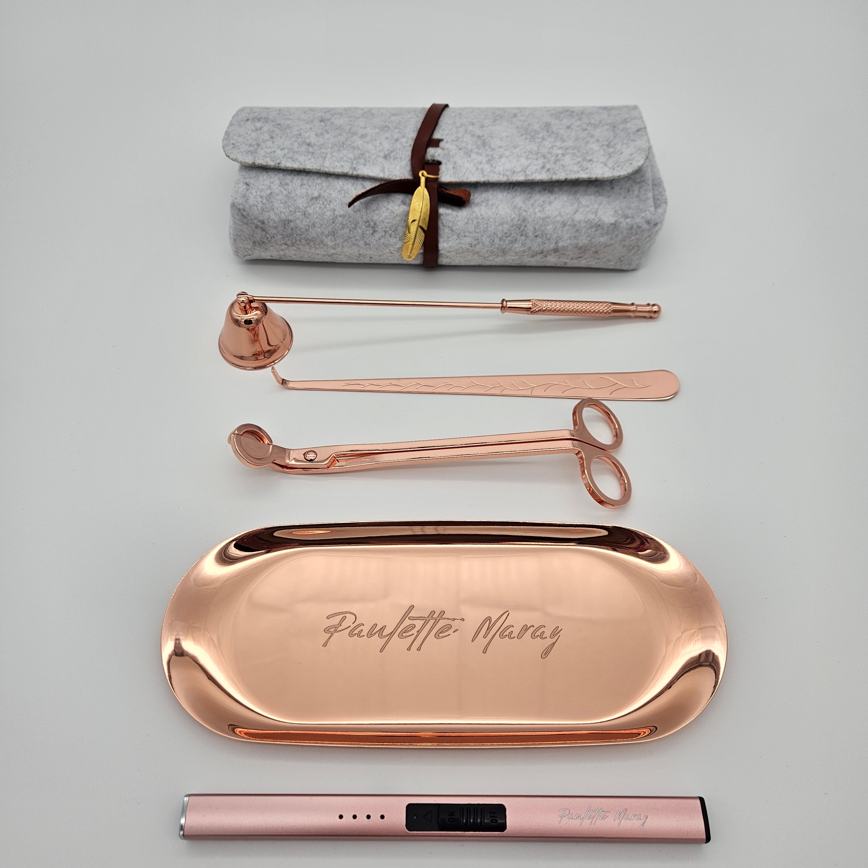 Rose Gold Rechargeable electric lighter set for candles with a snuffer, wick trimmer, and plate holder, sleek design for safe and easy candle care