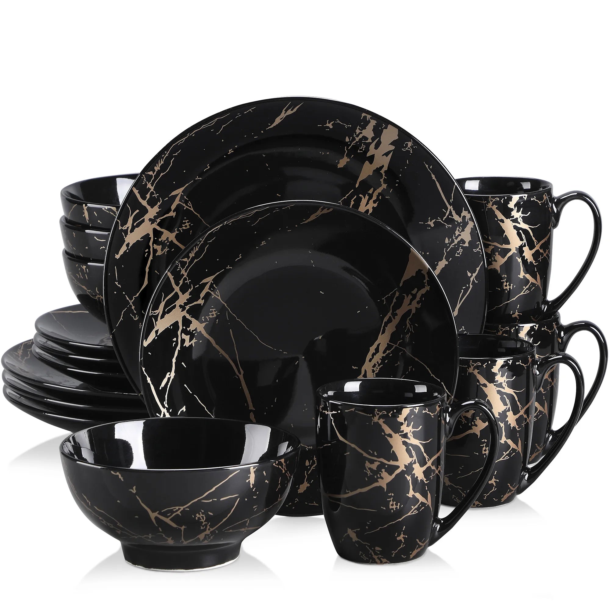 Elegant black dinnerware set with gold splatter design, modern luxury tableware for formal dining and special occasions