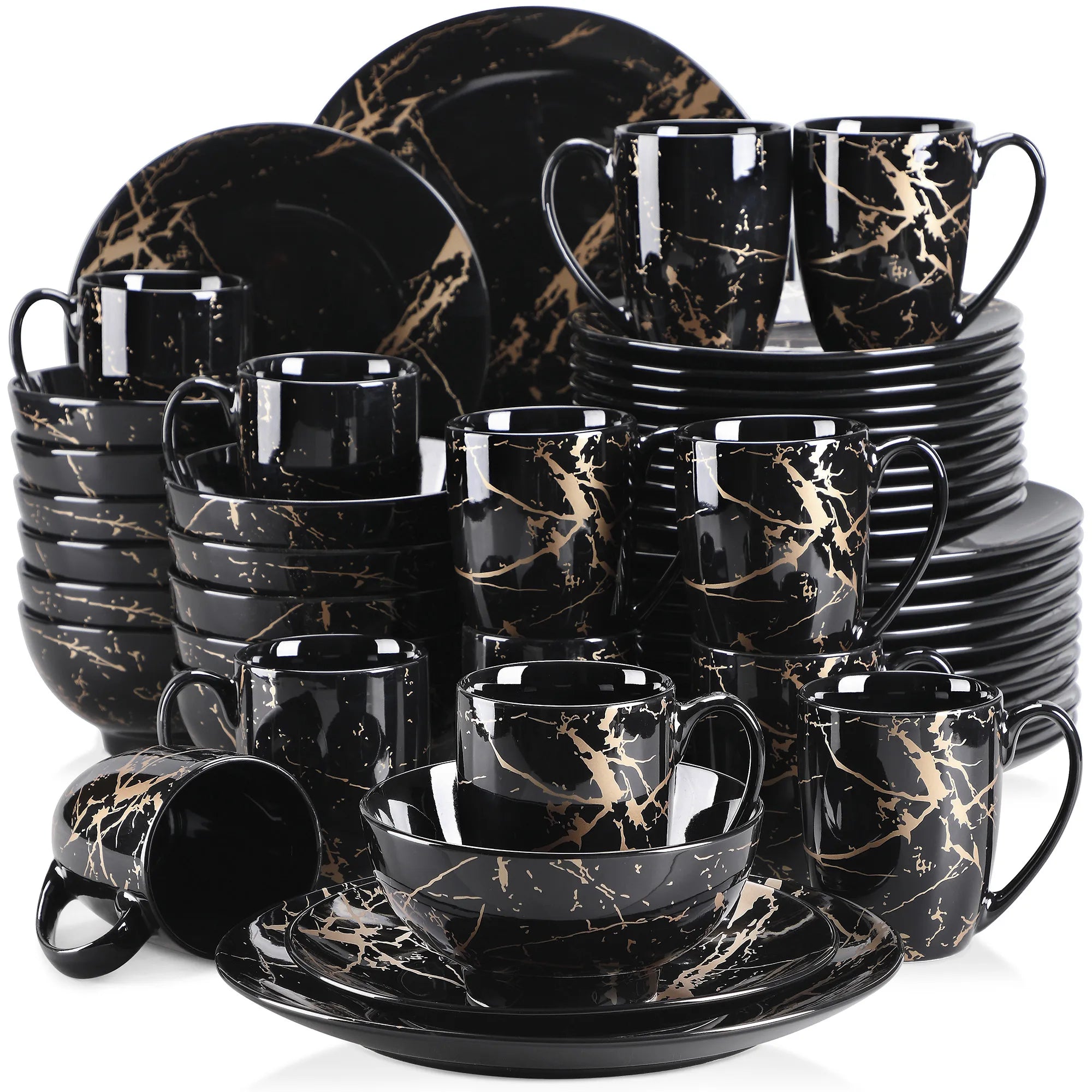 Elegant black dinnerware set with gold splatter design, modern luxury tableware for formal dining and special occasions