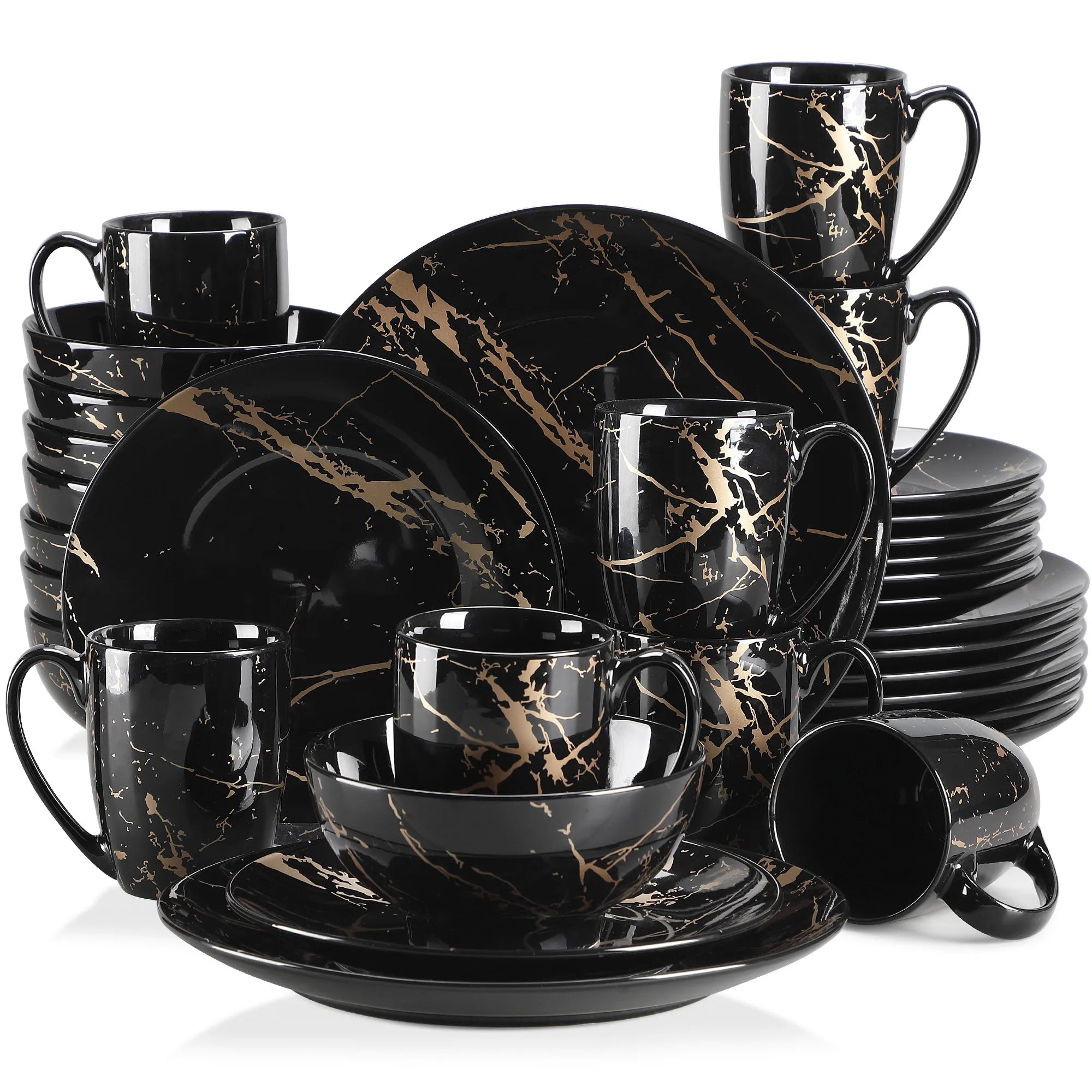 Elegant black dinnerware set with gold splatter design, modern luxury tableware for formal dining and special occasions