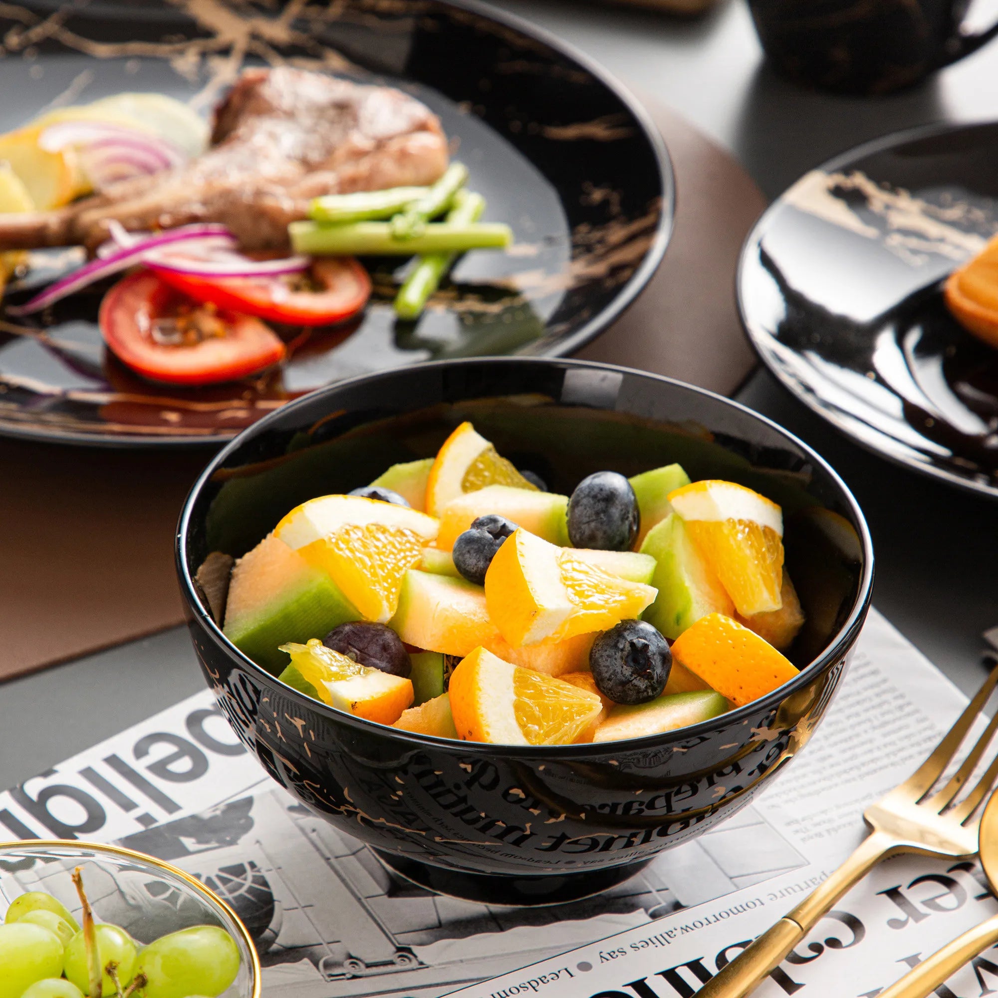 LOVECASA Black & Gold Splash Dinnerware Set | Porcelain Dinnerware