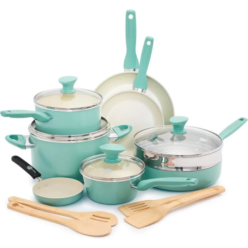 Turquoise GreenPan Rio 16-piece ceramic nonstick cookware set in vibrant colors, including frying pans, saucepans with lids, sauté pan, stockpot, stainless steel steamer, and bamboo utensils, featuring PFAS-free coating and stay-cool handles.