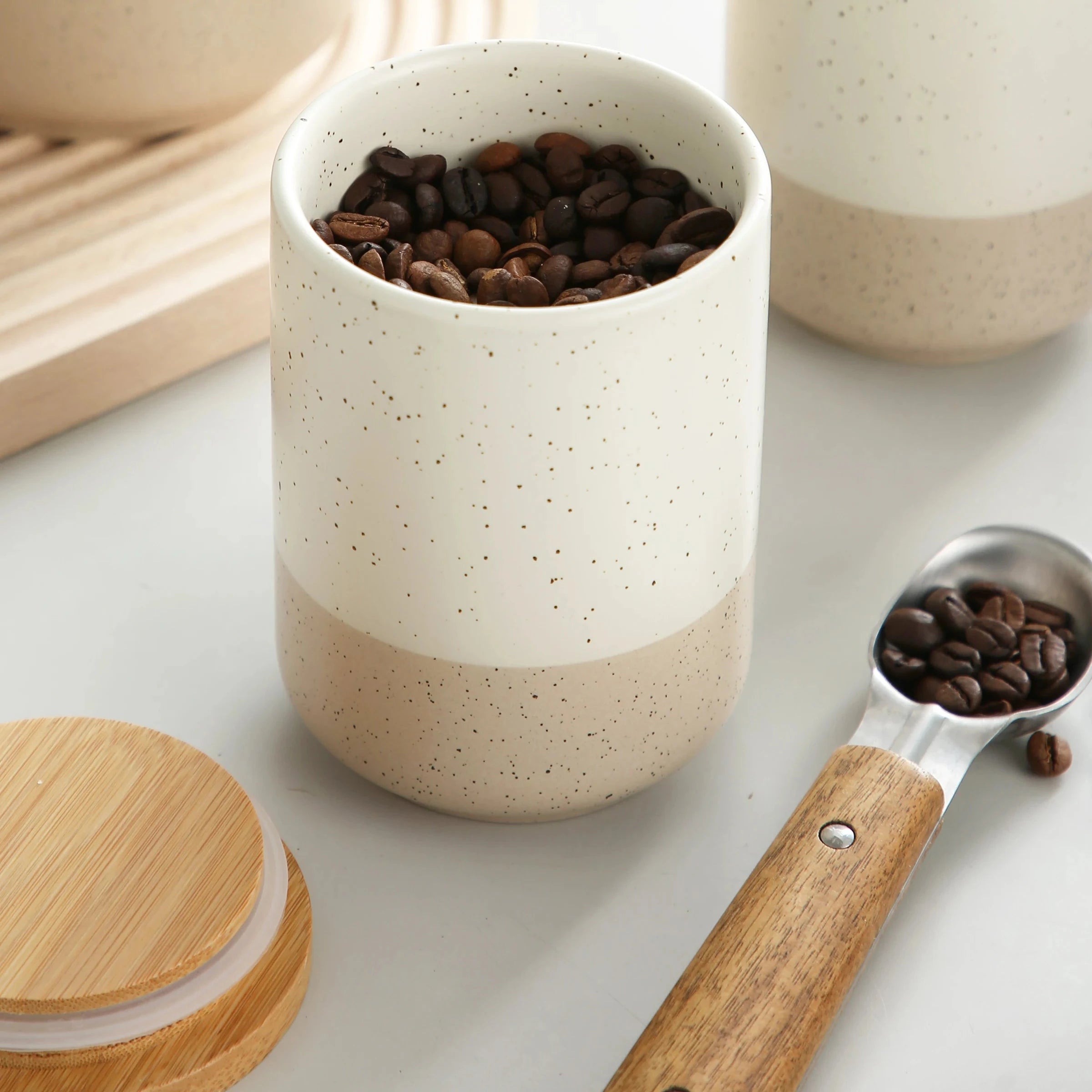 VANCASSO Round Ceramic Canister Set with Airtight Wood Lids