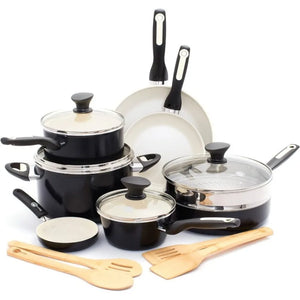 Black GreenPan Rio 16-piece ceramic nonstick cookware set in vibrant colors, including frying pans, saucepans with lids, sauté pan, stockpot, stainless steel steamer, and bamboo utensils, featuring PFAS-free coating and stay-cool handles.