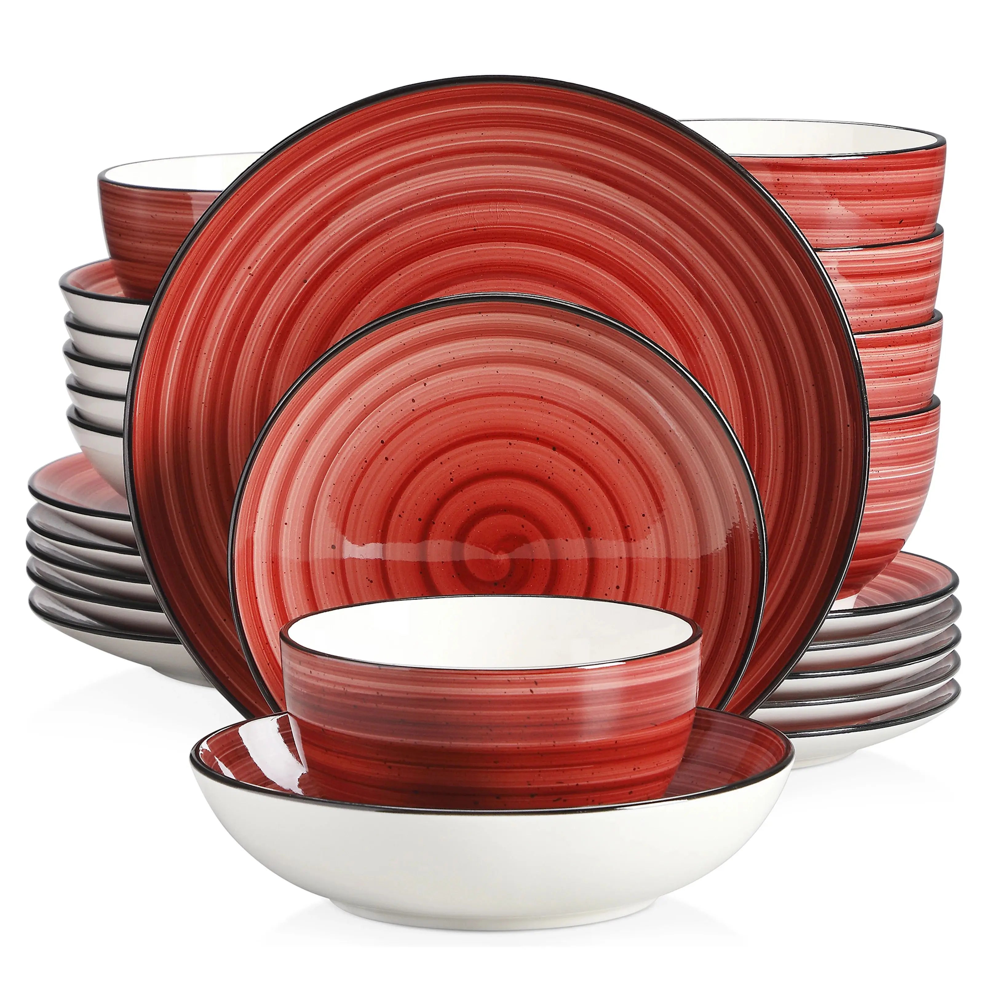 VANCASSO Bonbon Red Hand Painted Stoneware Dinnerware Set - Spiral Design