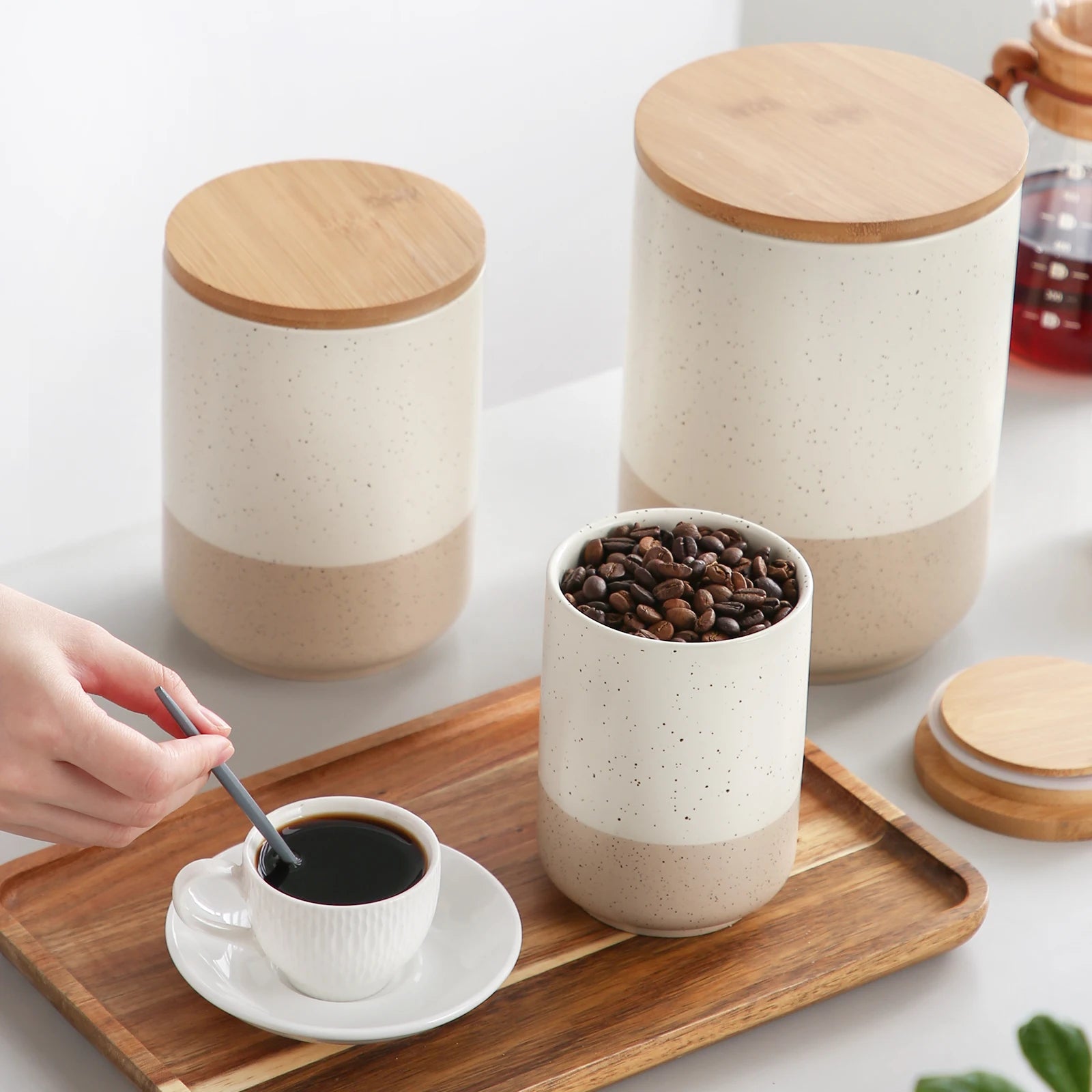 VANCASSO Round Ceramic Canister Set with Airtight Wood Lids