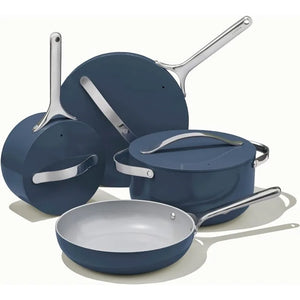 Navy Caraway 12-Piece Non-Stick Ceramic Cookware Set in modern design, eco-friendly non-toxic coating, and oven-safe pots and pans for healthier cooking.