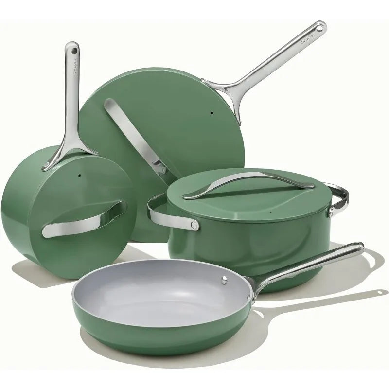 Sage Caraway 12-Piece Non-Stick Ceramic Cookware Set in modern design, eco-friendly non-toxic coating, and oven-safe pots and pans for healthier cooking.