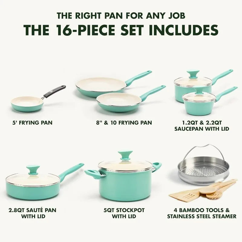 GreenPan Rio 16-piece ceramic nonstick cookware set in vibrant colors, including frying pans, saucepans with lids, sauté pan, stockpot, stainless steel steamer, and bamboo utensils, featuring PFAS-free coating and stay-cool handles.