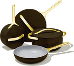 Load image into Gallery viewer, Black and gold Caraway 12-Piece Non-Stick Ceramic Cookware Set in modern design, eco-friendly non-toxic coating, and oven-safe pots and pans for healthier cooking.
