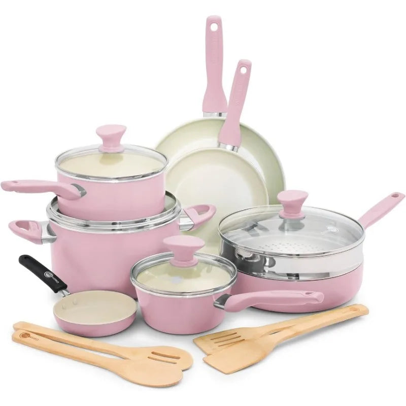 Pink GreenPan Rio 16-piece ceramic nonstick cookware set in vibrant colors, including frying pans, saucepans with lids, sauté pan, stockpot, stainless steel steamer, and bamboo utensils, featuring PFAS-free coating and stay-cool handles.