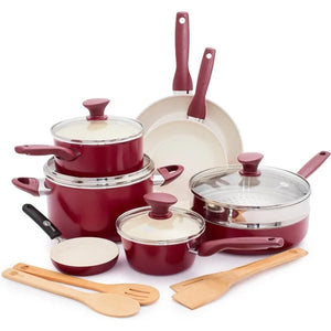 Red GreenPan Rio 16-piece ceramic nonstick cookware set in vibrant colors, including frying pans, saucepans with lids, sauté pan, stockpot, stainless steel steamer, and bamboo utensils, featuring PFAS-free coating and stay-cool handles.