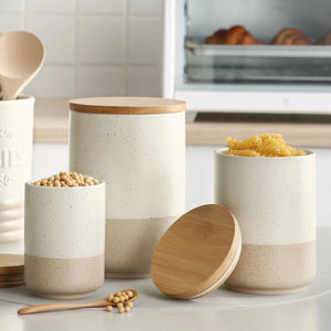 VANCASSO Round Ceramic Canister Set with Airtight Wood Lids