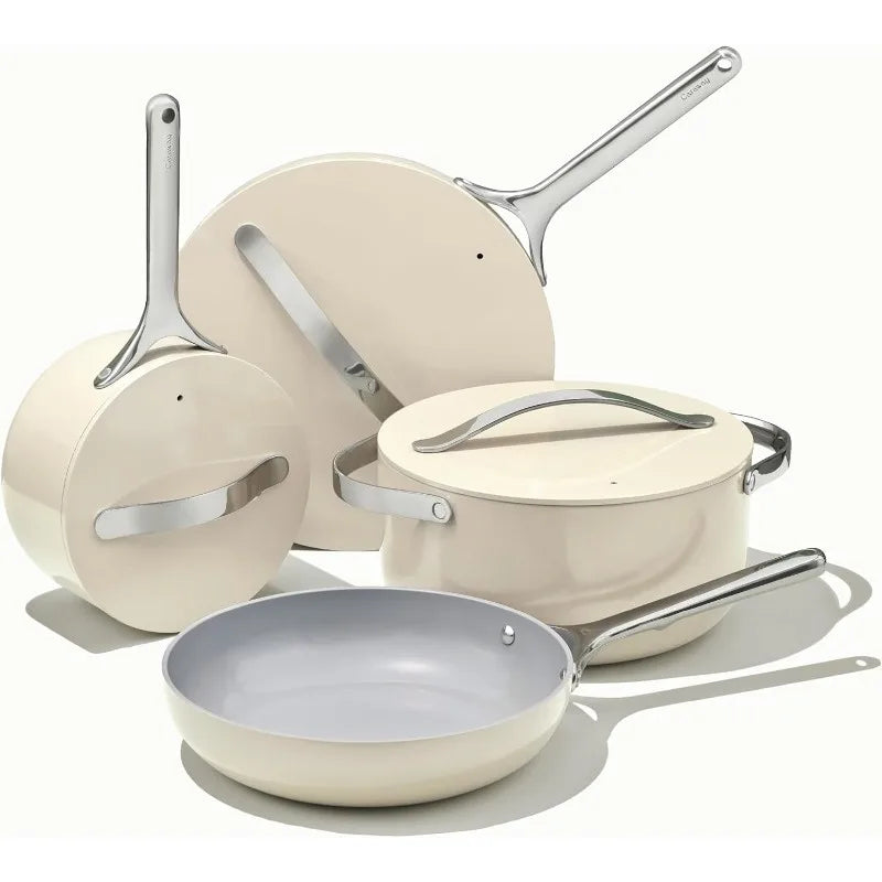 Cream Caraway 12-Piece Non-Stick Ceramic Cookware Set in modern design, eco-friendly non-toxic coating, and oven-safe pots and pans for healthier cooking.