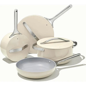 Cream Caraway 12-Piece Non-Stick Ceramic Cookware Set in modern design, eco-friendly non-toxic coating, and oven-safe pots and pans for healthier cooking.