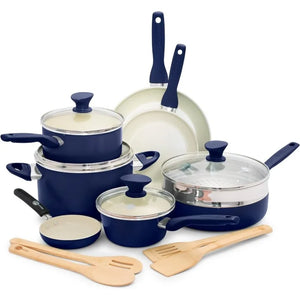 Navy GreenPan Rio 16-piece ceramic nonstick cookware set in vibrant colors, including frying pans, saucepans with lids, sauté pan, stockpot, stainless steel steamer, and bamboo utensils, featuring PFAS-free coating and stay-cool handles.