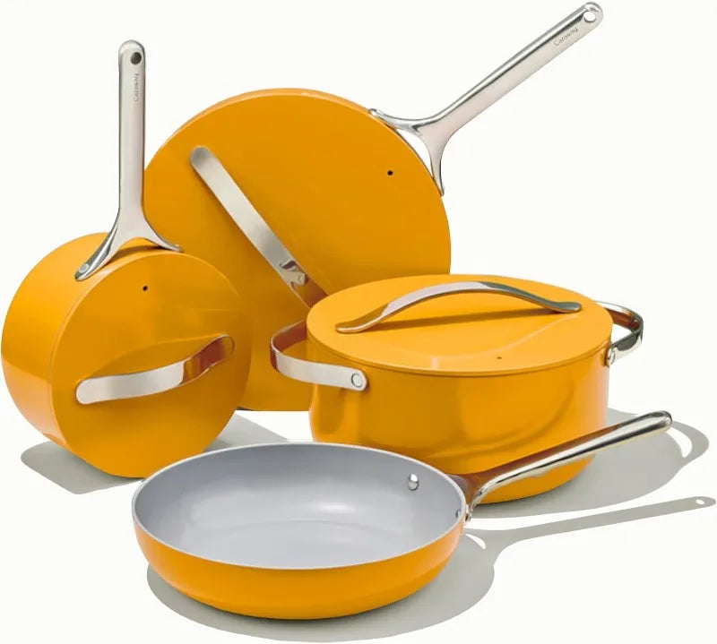 Marigold Caraway 12-Piece Non-Stick Ceramic Cookware Set in modern design, eco-friendly non-toxic coating, and oven-safe pots and pans for healthier cooking.